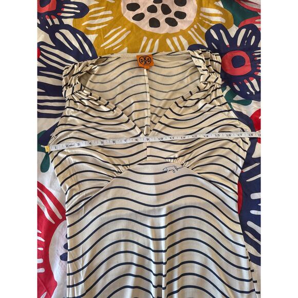 Tory Burch 100% Silk Cream Navy Stripe Signature Dress Small - Picture 7 of 13